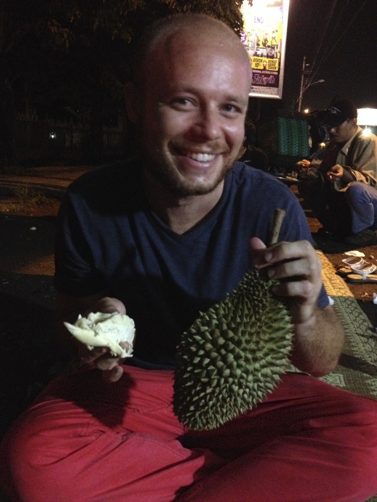 Posing with a durian.