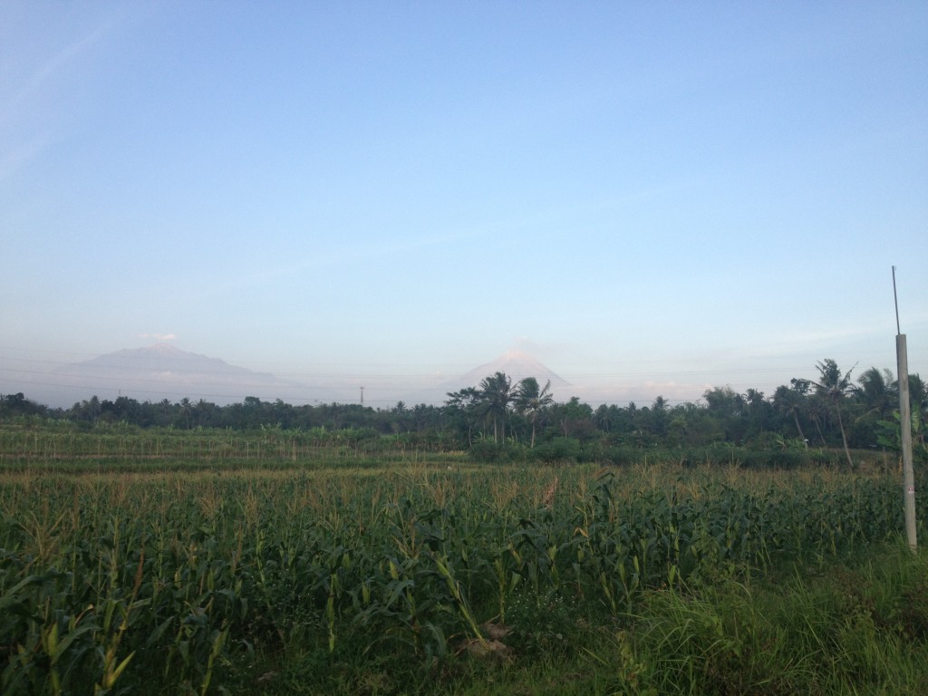 Driving into Pabelan with a hint of Gunung Merapi, an active volcano in the backgrond.